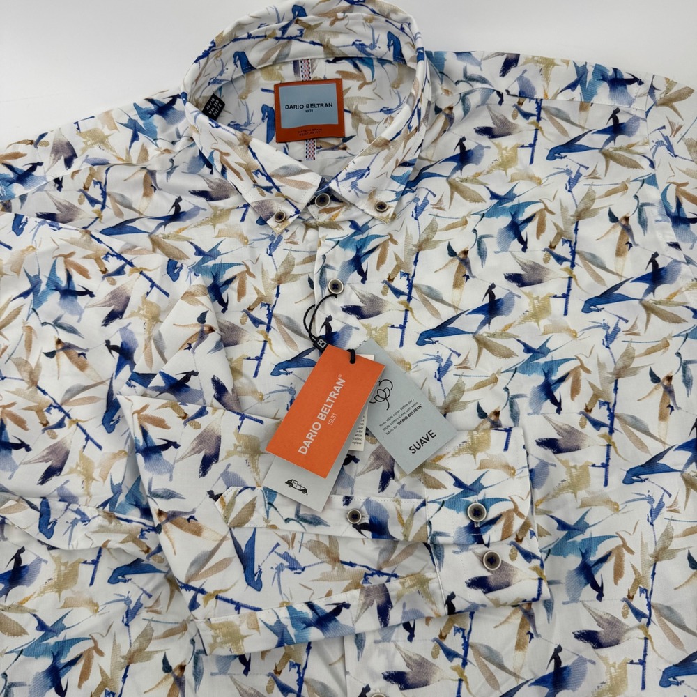 Dario Beltran Men 2XL Regular Fit Cotton Abstract Bird Print Shirt Made in Spain